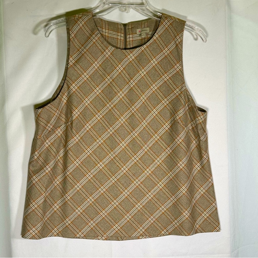 Cremieux Tan Plaid Sleeveless Top 60s‎ 70s Mod Retro Vintage Style Women's Large